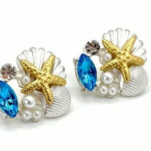 Elegant Gold Silver Rhinestones Seashell Starfish Coastal Oceanic Stud Earrings